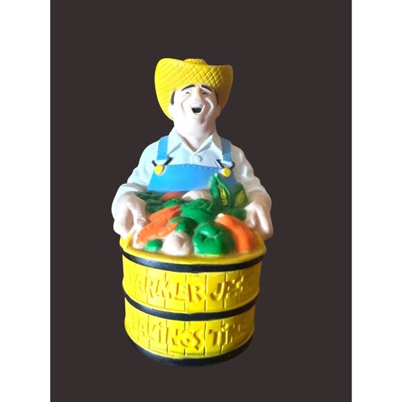 1986 Farmer Jack Coin Bank By Crunch Bird Studios - Yellow Hat & Blue Overalls - Picture 1 of 7